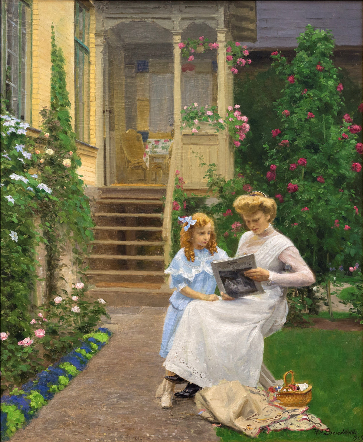 Sisters in a Garden by H. A. Brendekilde, 1909 — fine art print from Peaceful Artworks