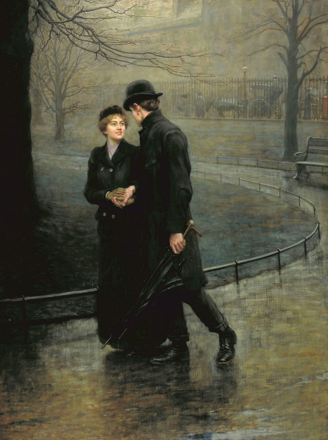 A couple standing together on a misty park path among bare trees in The Garden of Eden by H. G. Rivière