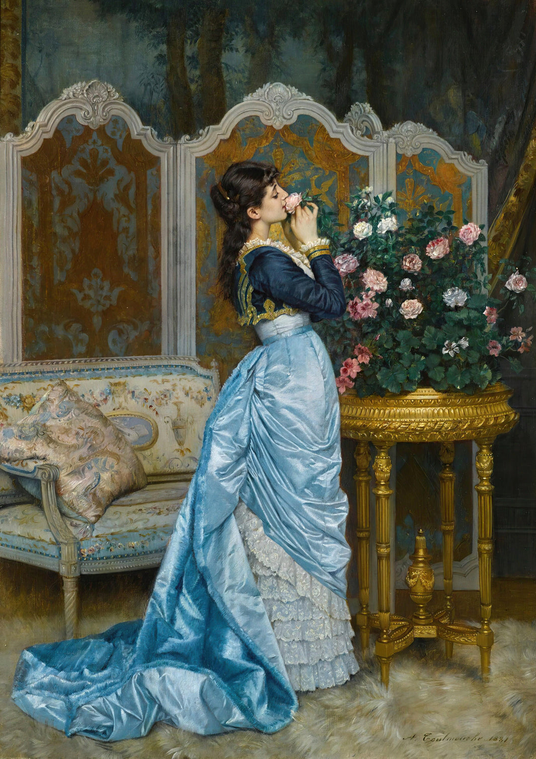A woman in a pale blue dress beside flowers and an ornate screen in Day Dreaming by Auguste Toulmouche