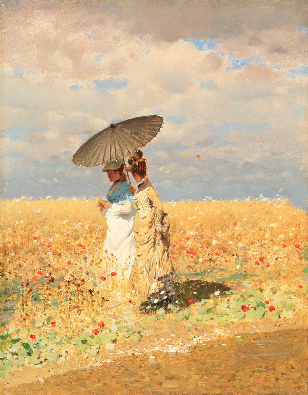 Two figures beneath a parasol in golden wheat under a cloud-filled sky in In The Wheat Fields by Giuseppe De Nittis