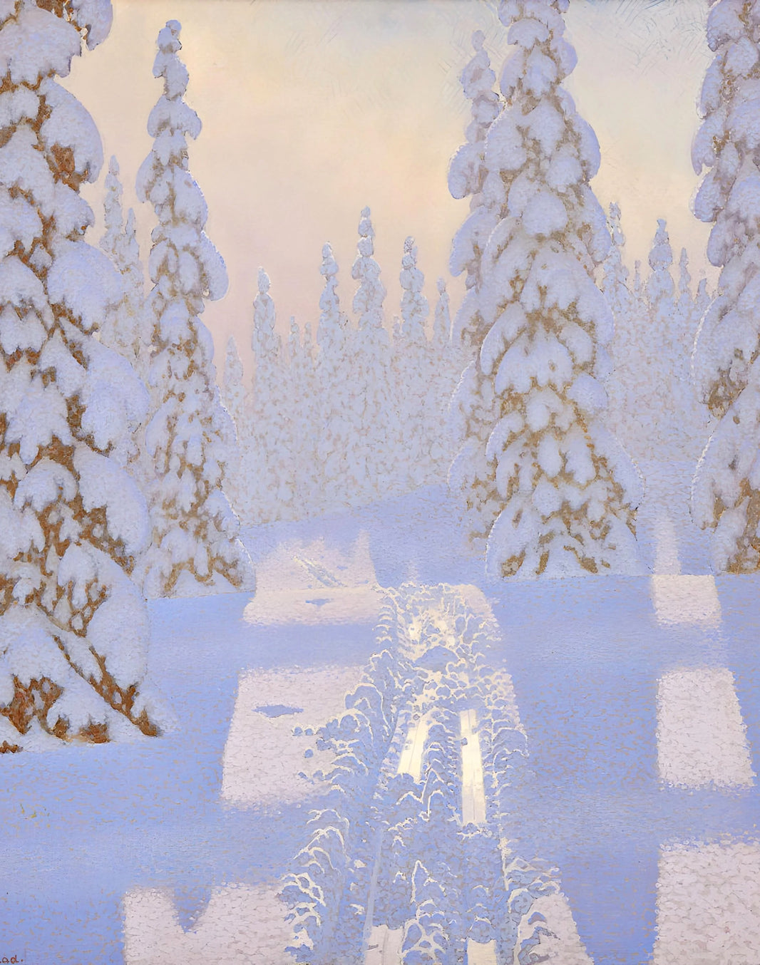 Ski tracks leading between snow-covered trees with blue and violet shadows in Gustaf Fjaestad’s Ski Tracks in the Great Forest