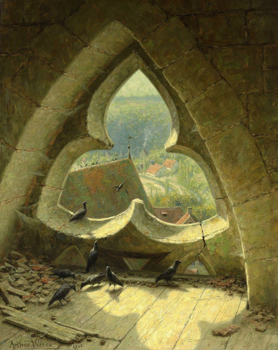 Sunlight falling through a pointed stone window onto pigeons and a wooden floor in Through The Window by Arthur Wasse