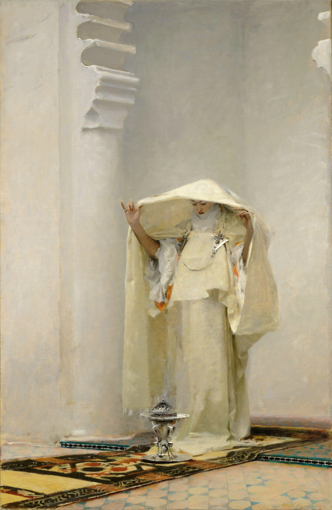 A standing figure in pale robes above a small burner in John Singer Sargent’s Smoke of Ambergris