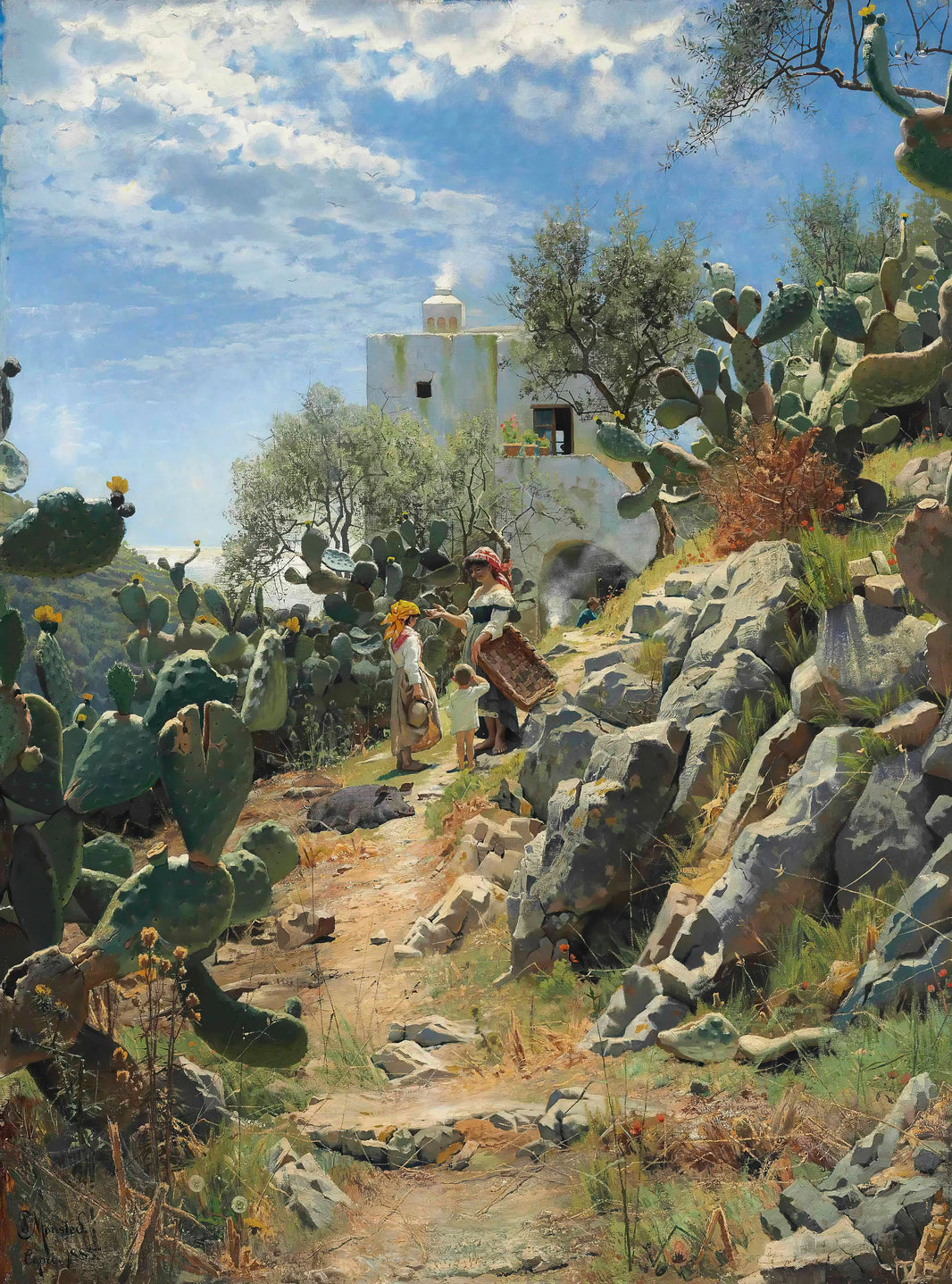 A sunlit rocky path among prickly pear cacti with figures and distant buildings in Cactus Plantation in Capri by Peder Mørk Mønsted