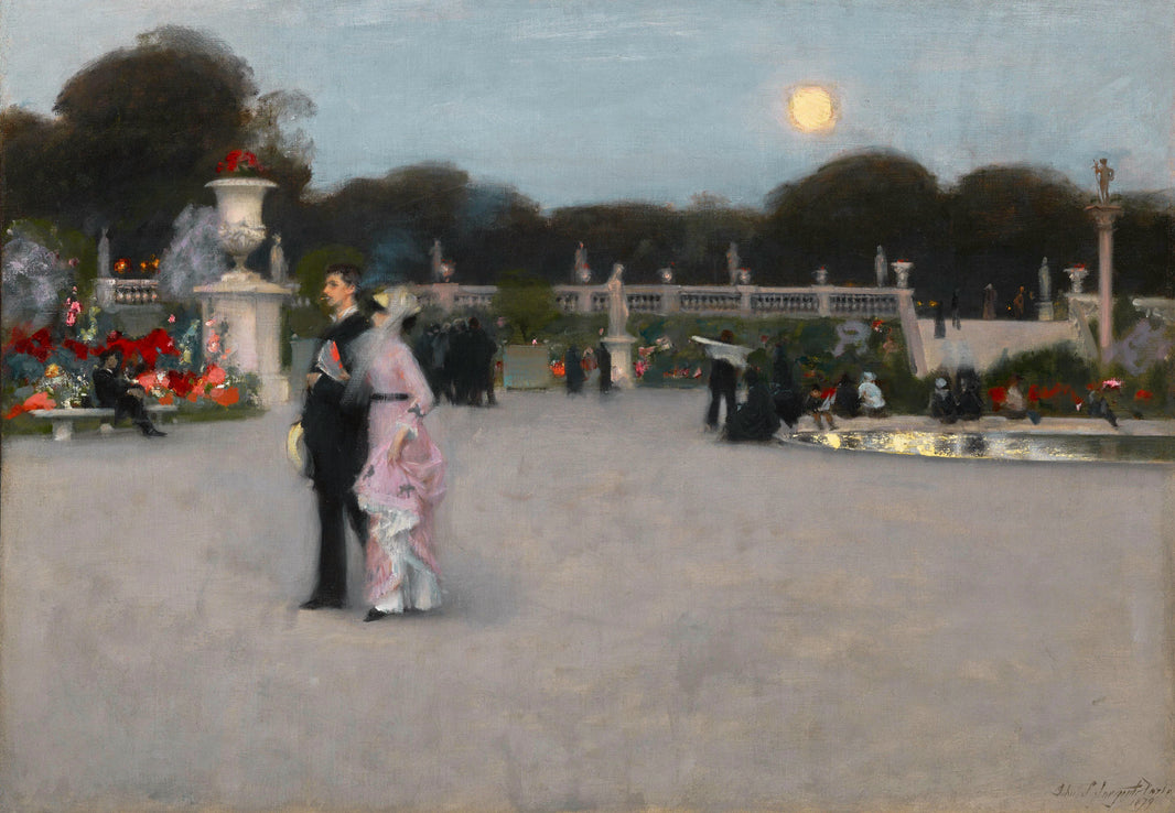 A couple walking across a Paris garden at dusk beneath a pale moon in The Luxembourg Gardens by John Singer Sargent