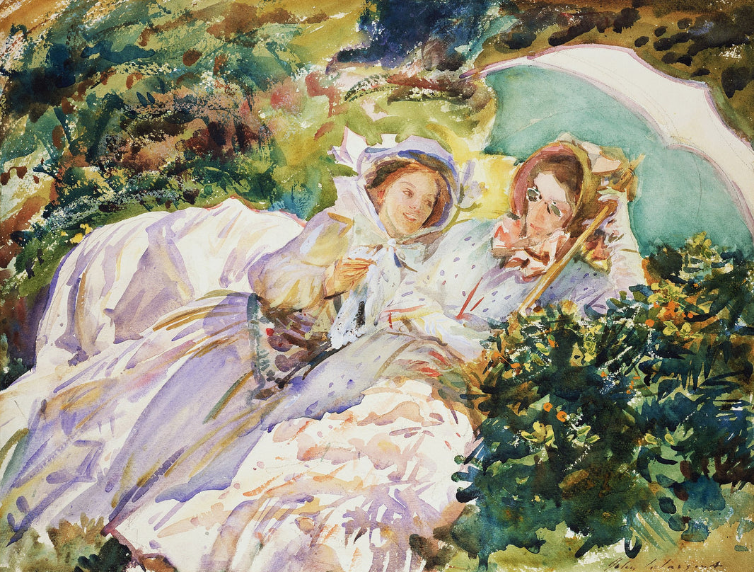 Two reclining figures beneath a pale parasol amid sunlit greenery in The Tease by John Singer Sargent