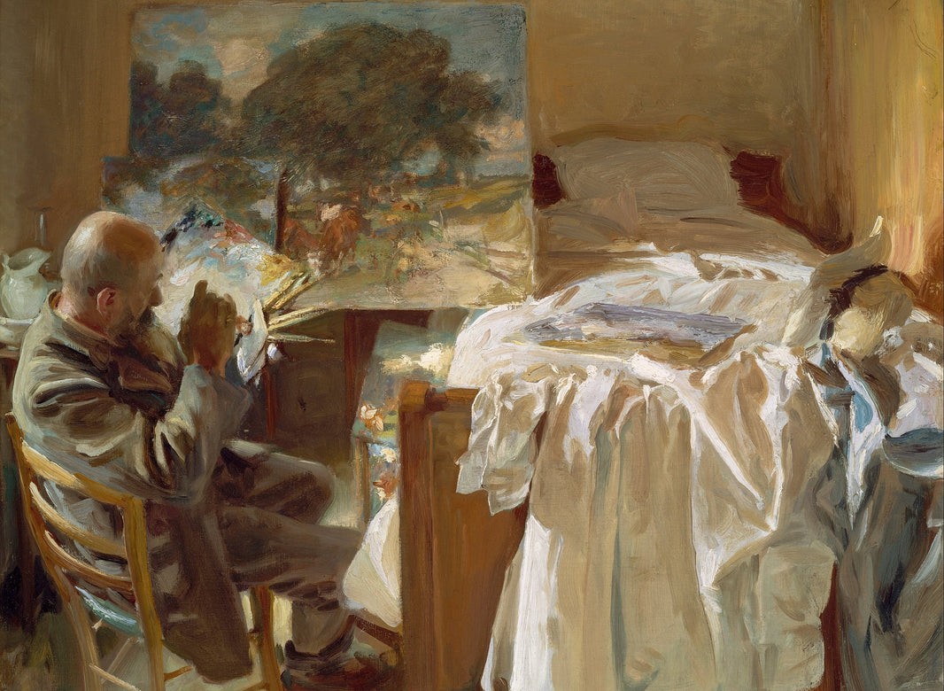 An artist working beside a large landscape painting and white bedding in An Artist in His Studio by John Singer Sargent