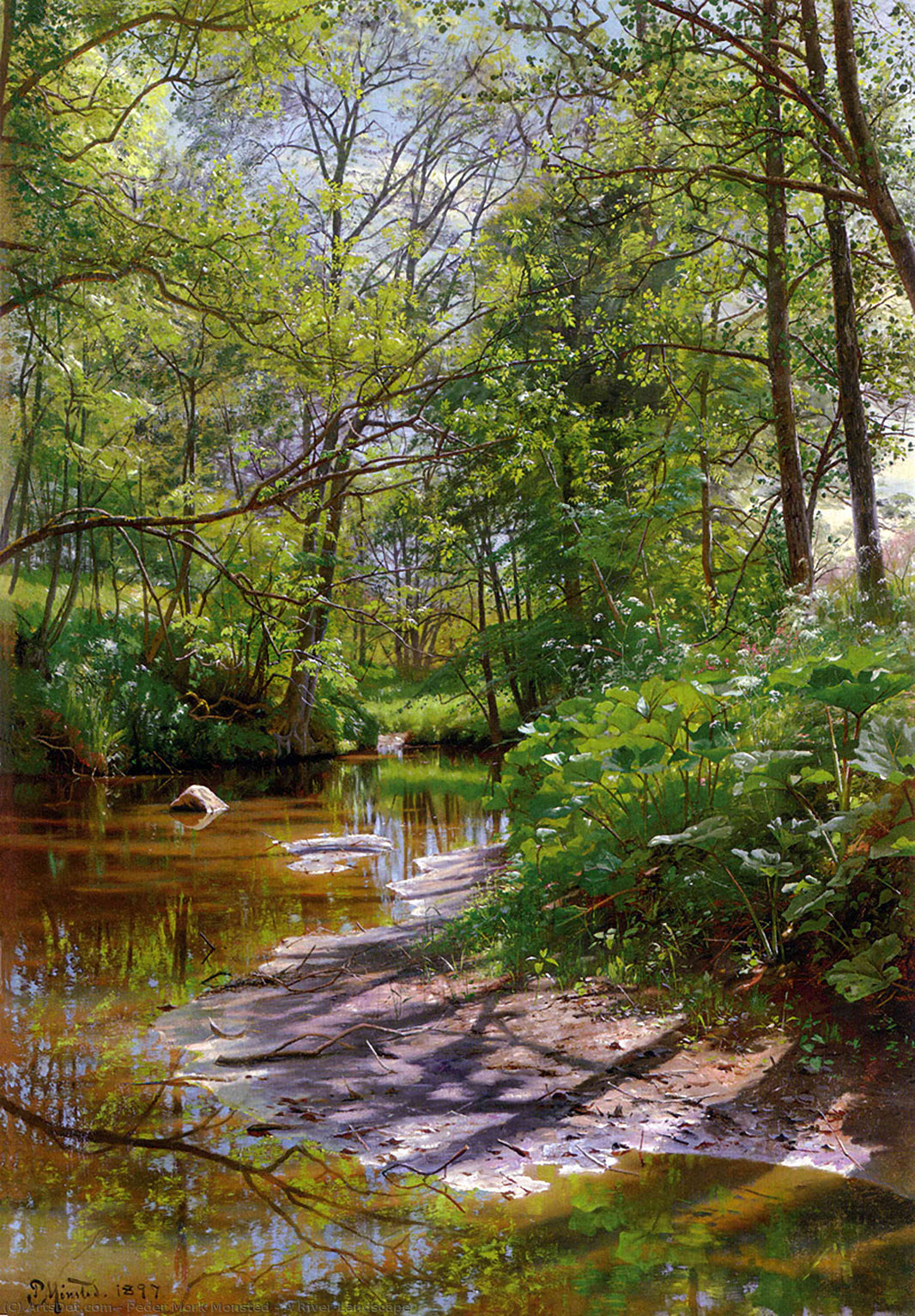 Sunlight and branching shadows crossing the bank of a wooded river in A River Landscape by Peder Mørk Mønsted