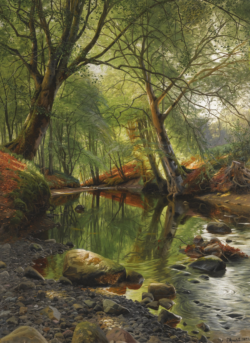 Trees arching above a shaded stream with reflections and foreground stones in A Woodland Stream by Peder Mørk Mønsted