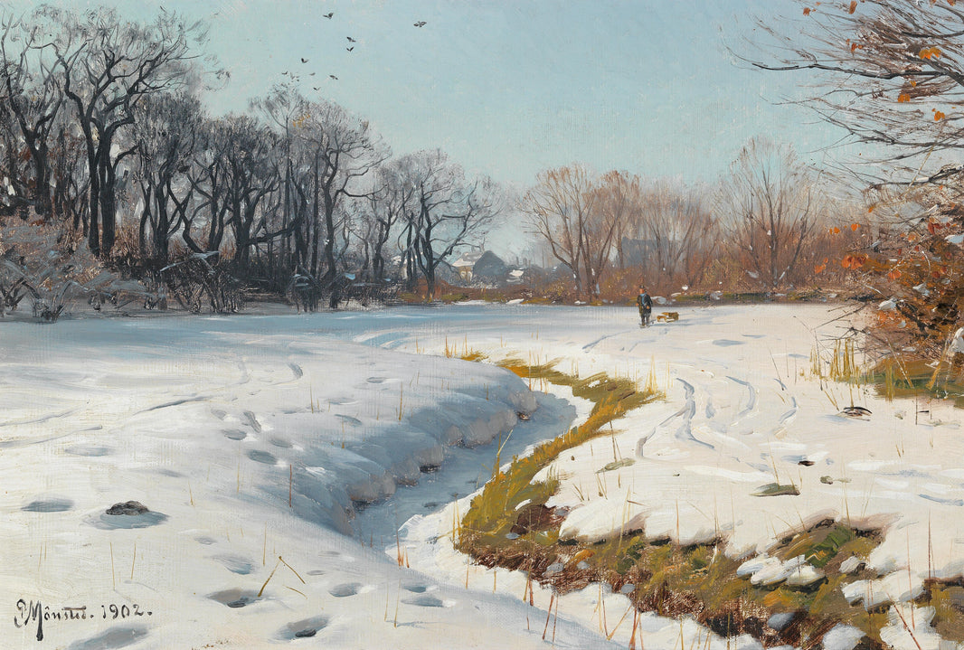 Snow-covered countryside with bare trees and a winding exposed strip of ground in Sunny Winter Day by Peder Mørk Mønsted